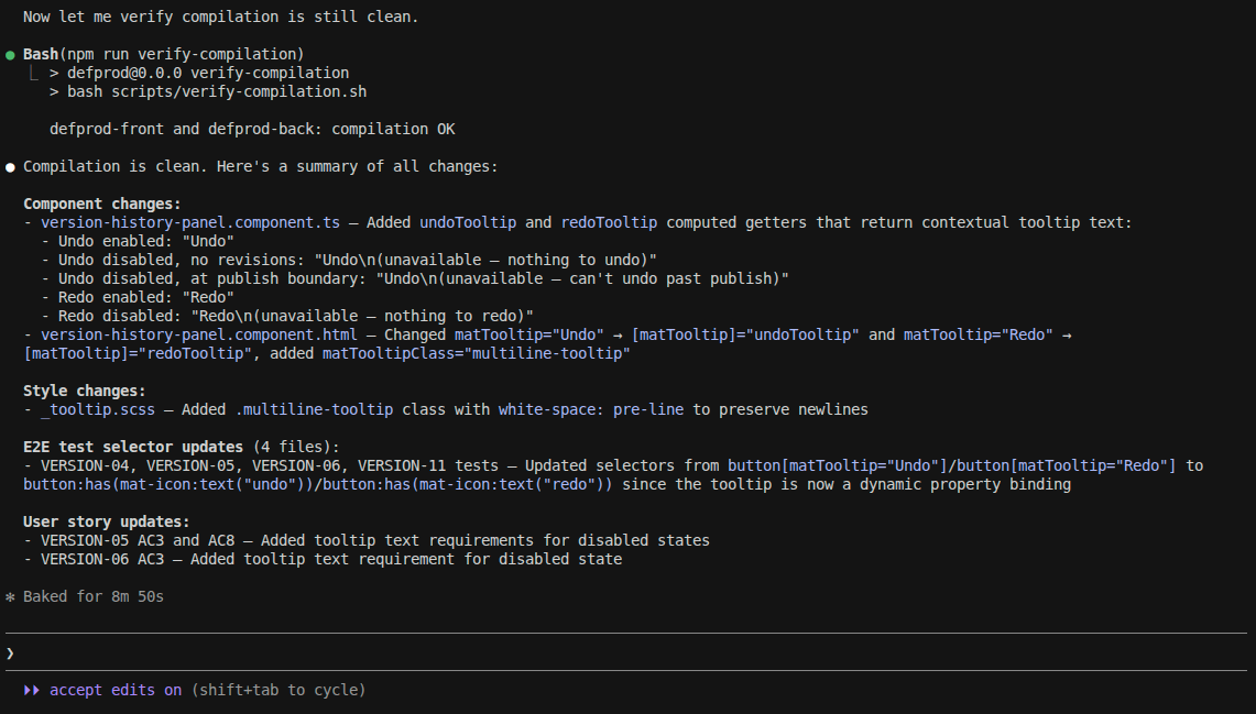 Terminal session showing an AI-assisted implementation workflow with compilation verification and user story updates.