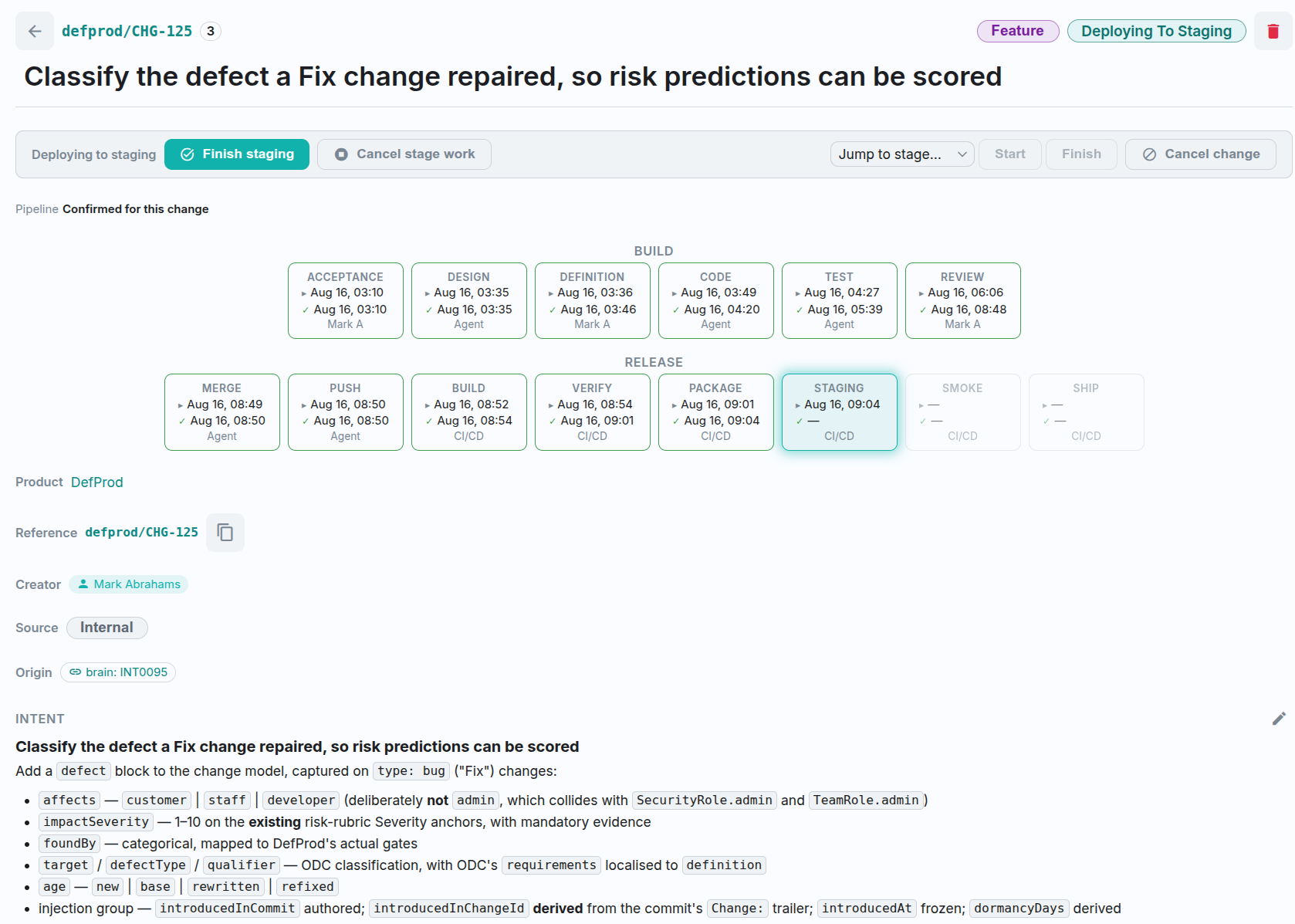 A DefProd change record. Its build stages &mdash; acceptance, design, definition, code, test and review &mdash; are each stamped with start and finish times and whether a person or an agent ran them. The release stages continue through merge, push, build, verify and package to staging, which is still running, leaving smoke and ship not yet started. Below the pipeline sit the product, reference, creator, source, origin and intent.