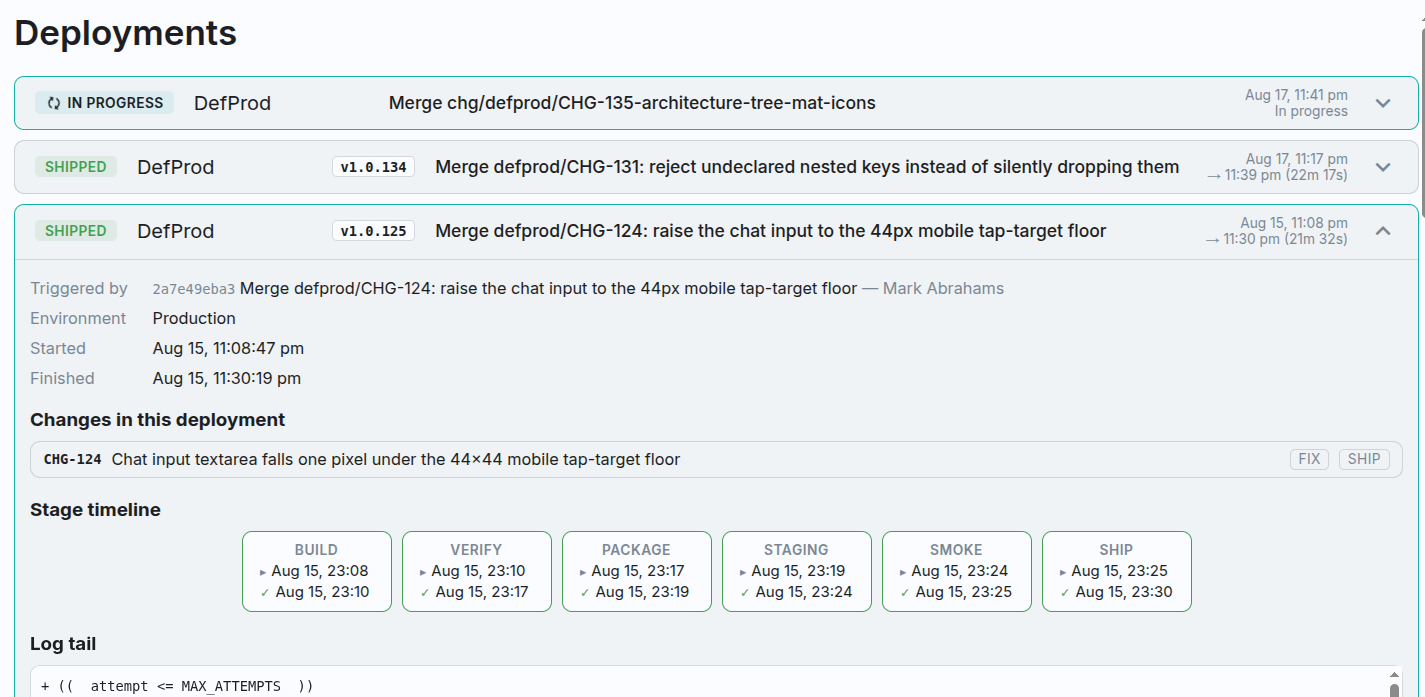 The DefProd deployments list. A run in progress sits at the top, followed by two shipped production runs; the lower one is expanded to show the commit and author that triggered it, the environment, its start and finish times with total duration, the change it delivered, a six-stage timeline from build to ship with timestamps, and the tail of its log.