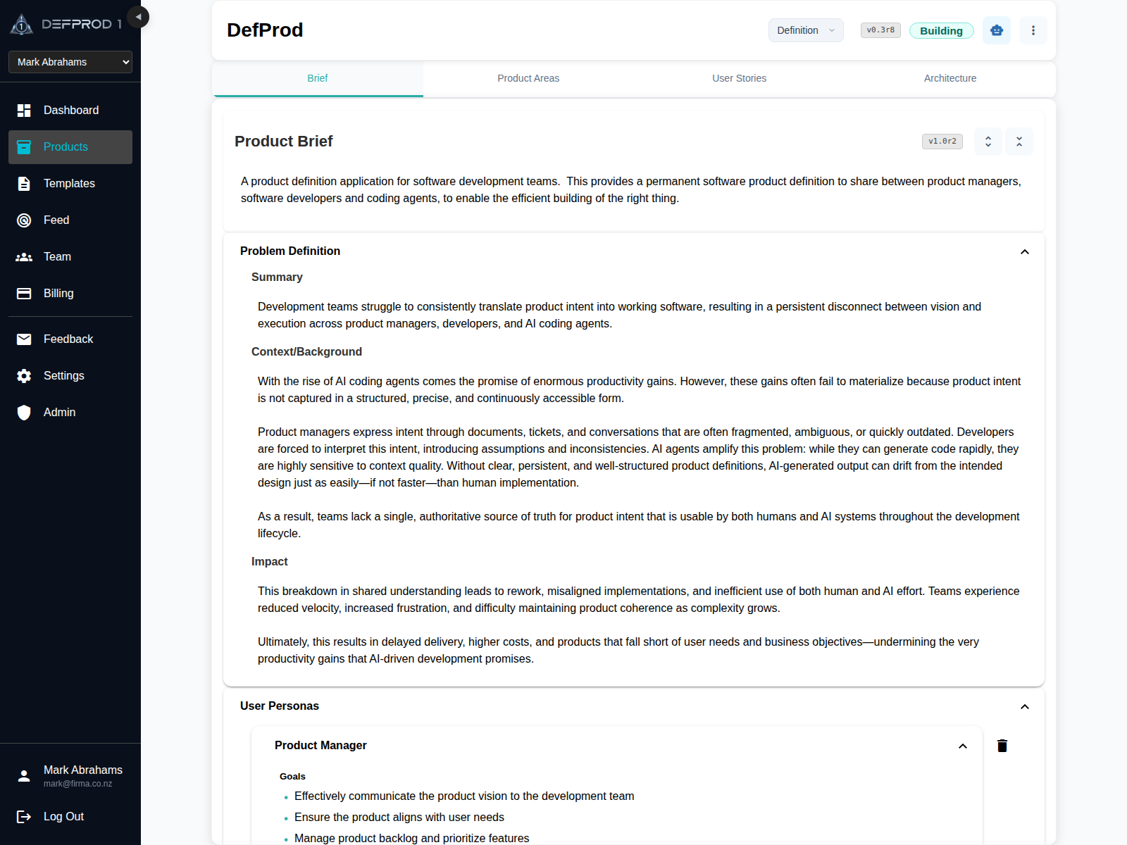 DefProd product brief view showing structured brief fields and sections in the shared workspace.