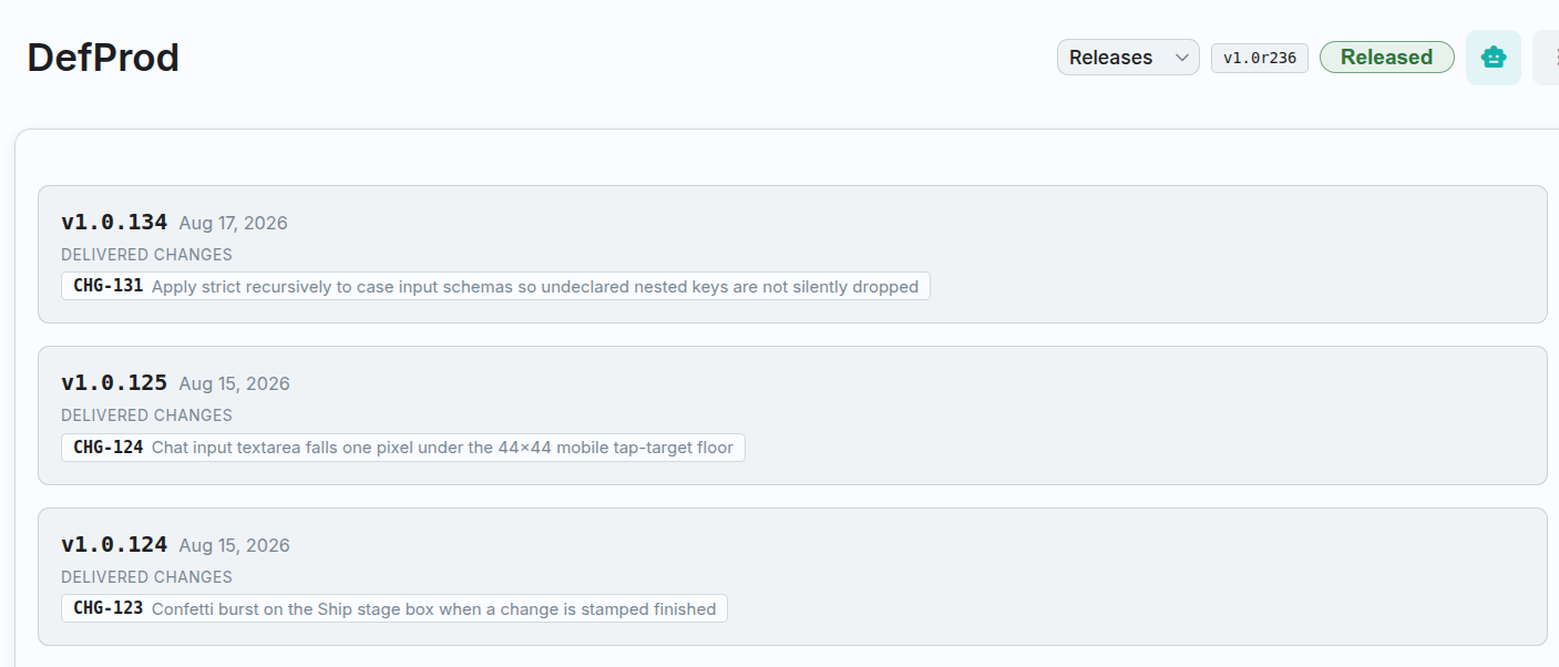 The releases view for a product, listing three releases by version and date &mdash; v1.0.134, v1.0.125 and v1.0.124 &mdash; each with a &lsquo;delivered changes&rsquo; list naming the change it shipped and that change&rsquo;s title.