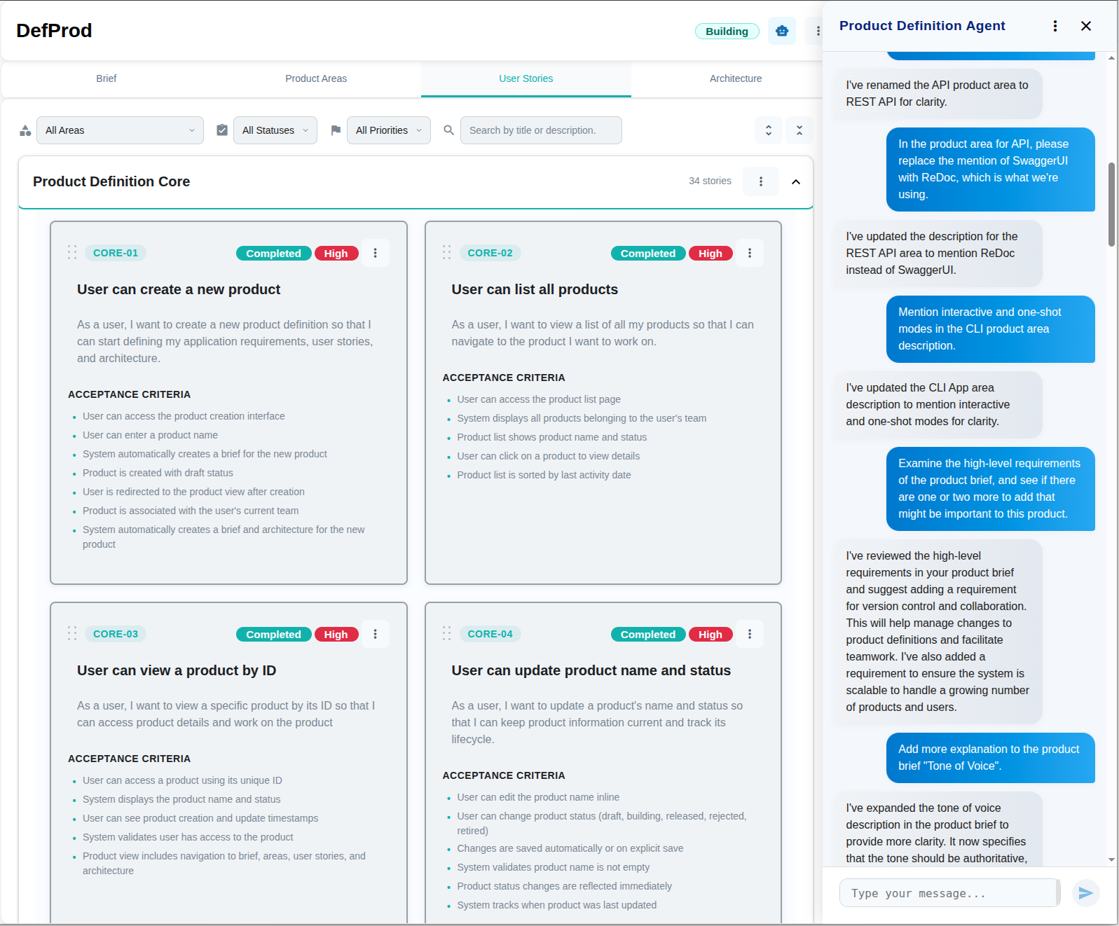 A live DefProd workspace showing structured product definition with user stories and AI agent delivery.